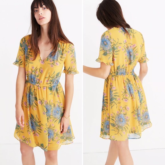 Madewell Floral Mini Dress V Neck Short Sleeve Yellow Blue Size 2 - Picture 1 of 9